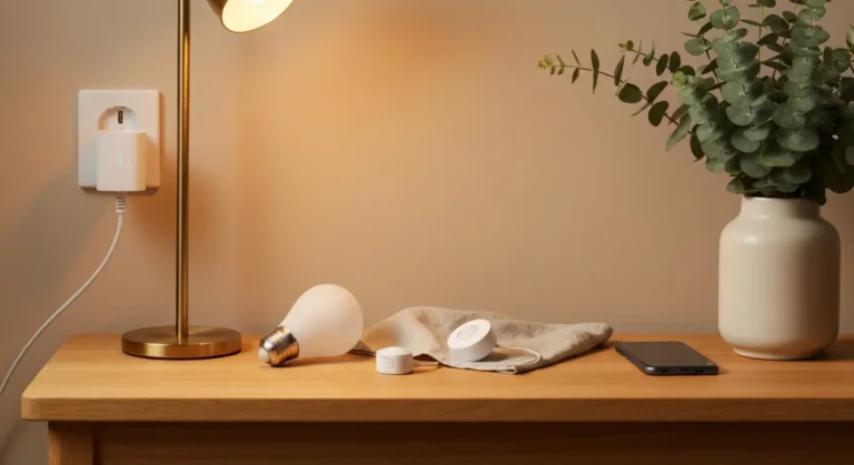Bezprzewodowe urzadzenia smart home na jasnej konsoli - smart gniazdko, zarowka, czujniki i glowica termostatyczna
