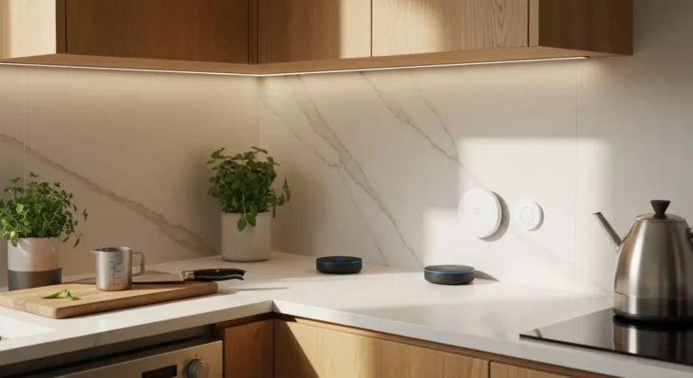 Blat kuchenny z oswietleniem LED pod szafka, czujnikiem zalania i hubem smart home