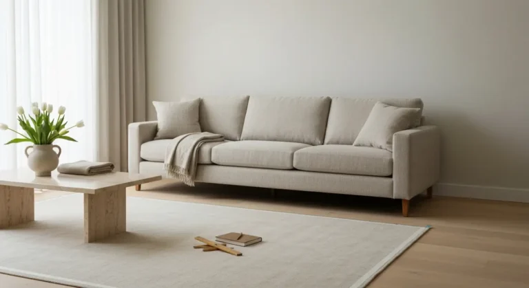 Jasna sofa boucle ustawiona posrodku salonu, obok stolik z tulipanami i tasma malarska wyznaczajaca obrys mebla