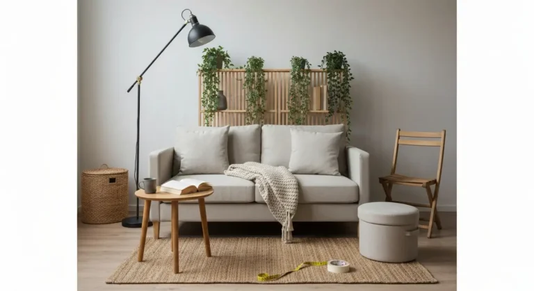 Kacik relaksu w malym mieszkaniu - sofa z pledem, skladane krzeslo, azurowy regal i kosz na przechowywanie
