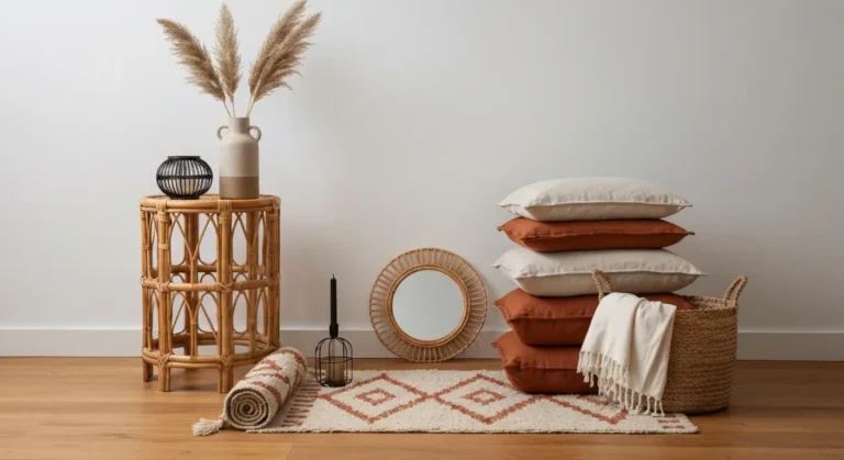 Aranzacja w stylu boho - rattanowy stolik, lniane poduszki, kosz z juty, ceramiczny wazon z trawa pampasowa i dywan kili