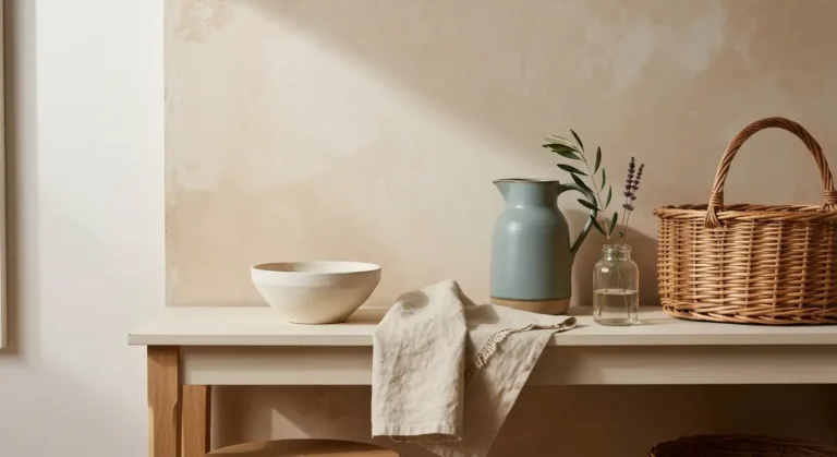 Jasna konsola z drewna z lnianą tkaniną, ceramiczną misą, wiklinowym koszem oraz gałązką lawendy i oliwki
