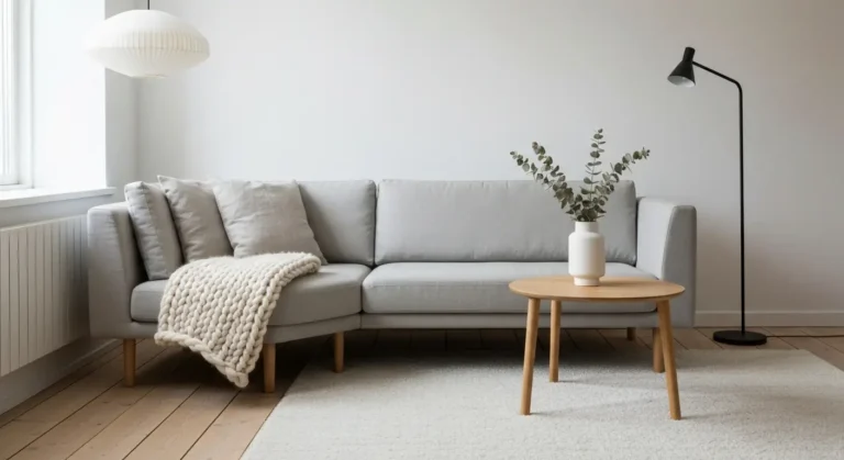 Jasny salon w stylu skandynawskim - lniana sofa na debowych nozkach, welniany koc, okragly stolik i jasny dywan