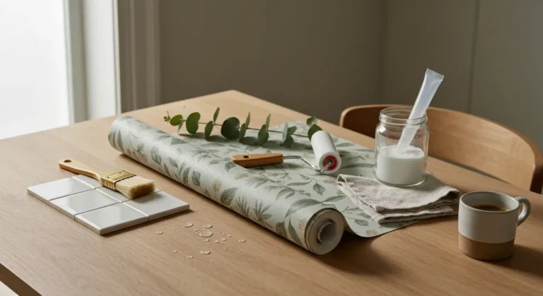 Rozwinieta rolka winylowej tapety kuchennej na debowym blacie obok plytki, walka do szwow i kleju do tapet