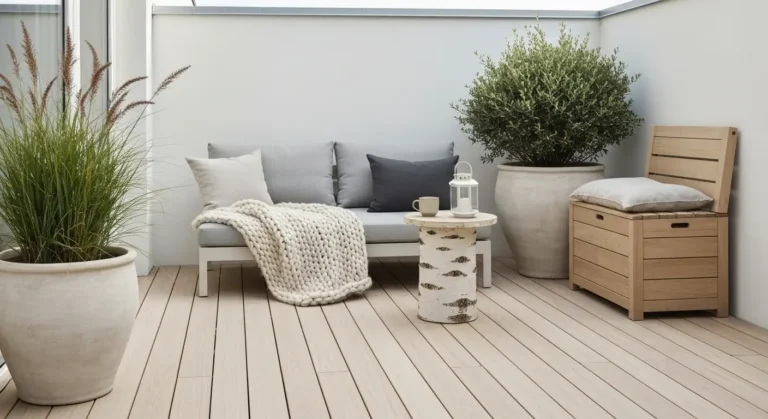 Skandynawski taras z drewnianym pokladem, jasna sofa z kocem, latarenka i rosliny w donicach