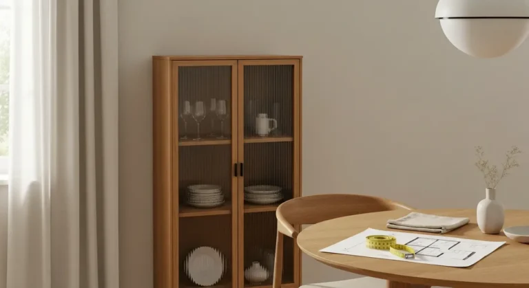 Witryna z przeszkleniami przy stole w salonie z porcelaną i miarką do planowania ustawienia