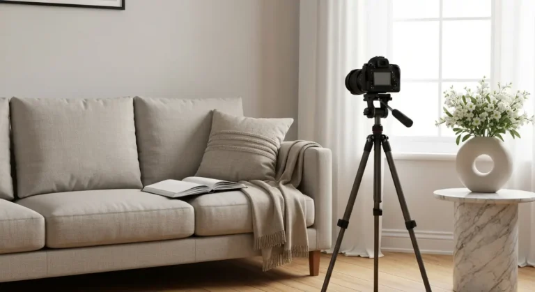 Aparat na statywie fotografuje jasno zaaranżowany salon po home stagingu